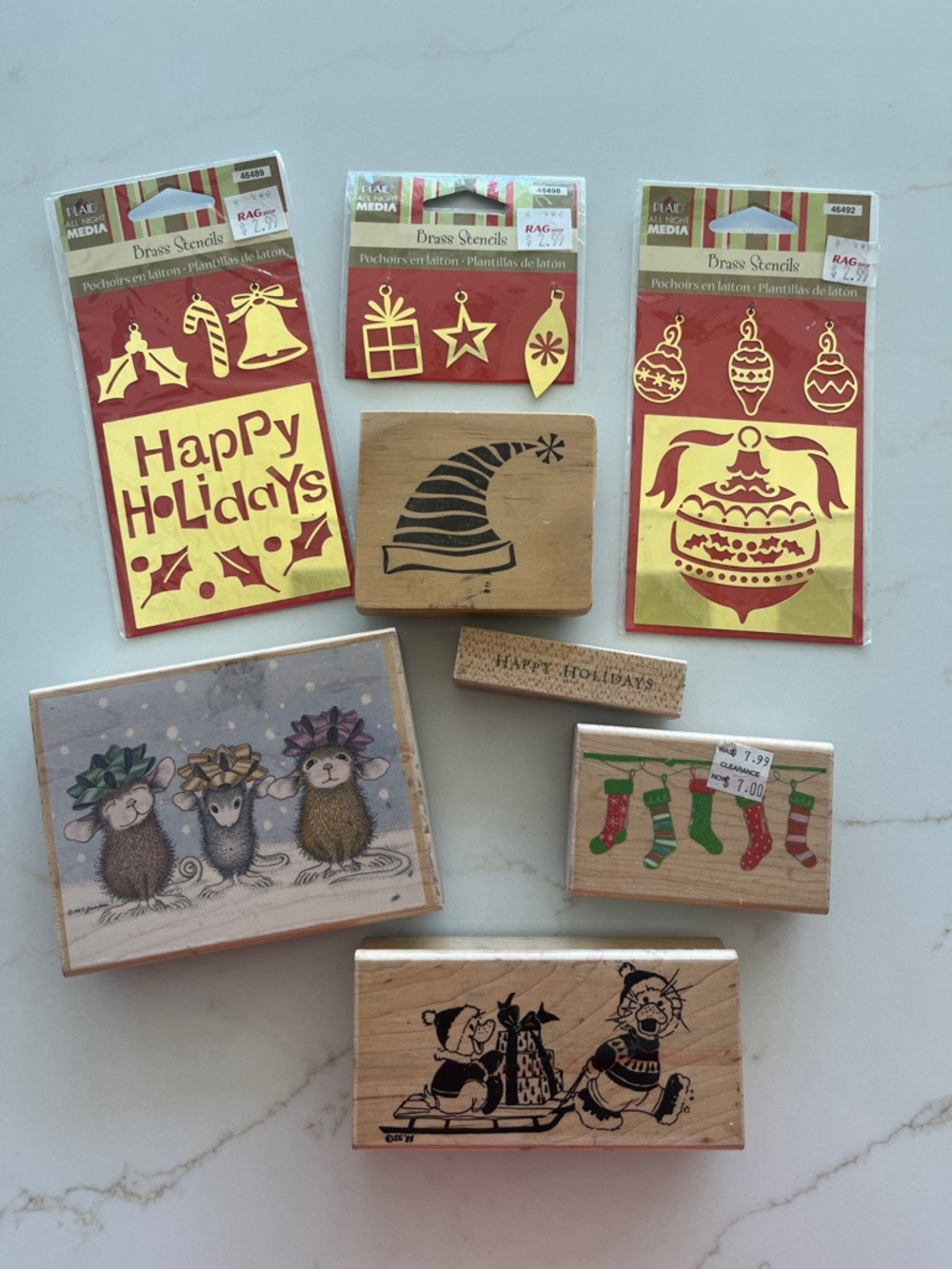 Holiday Rubber Stamp and Brass Stencil Lot - Gold & Wood